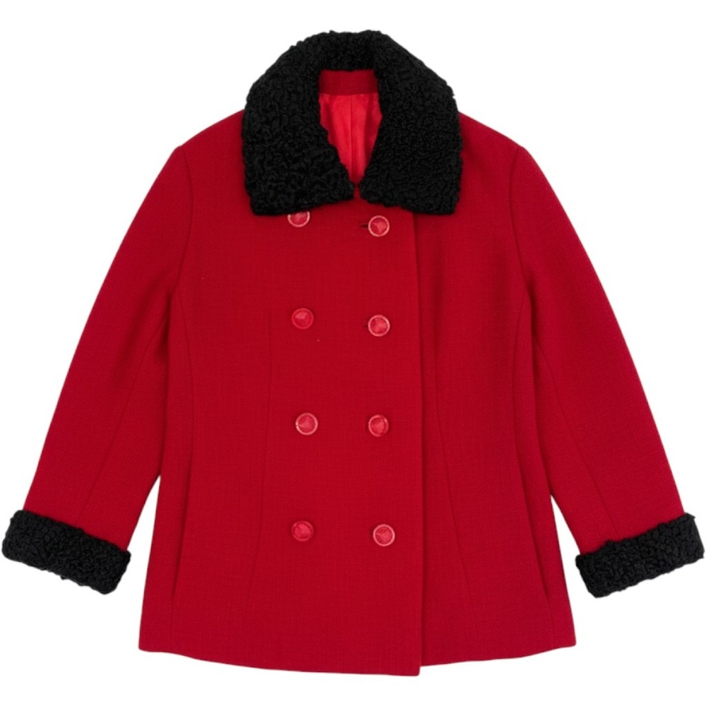 Vintage Red Wool Coat Women Small Faux Persian Lamb Fur Collar Double Breasted